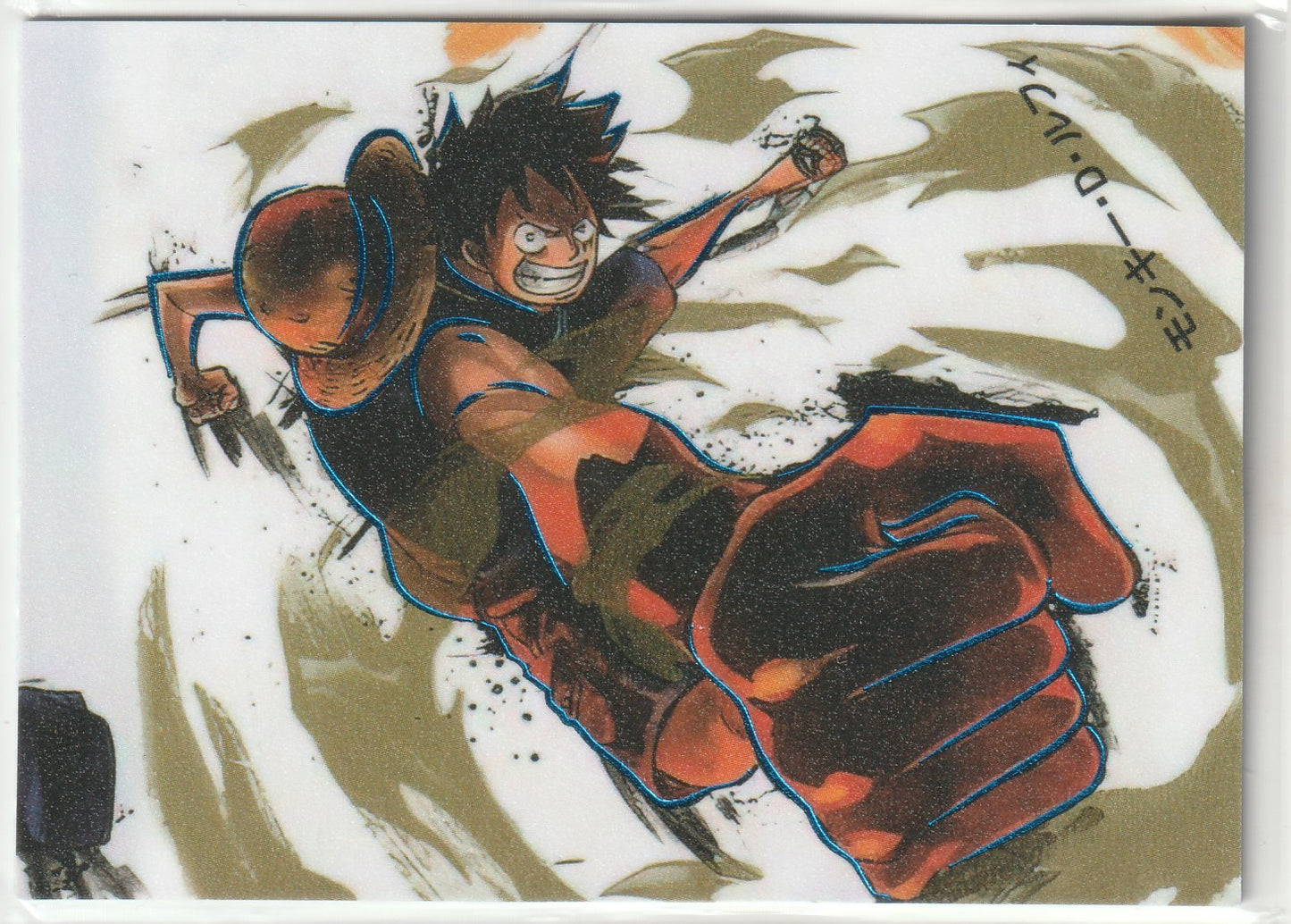 Monkey D. Luffy mid-action with his fist extended, from One Piece, holographic trading card.