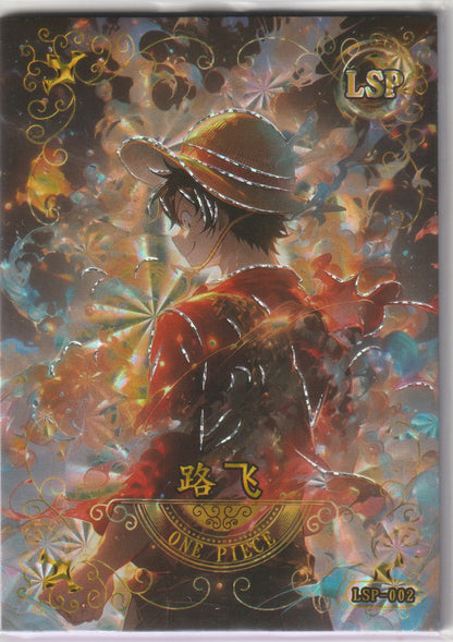 Holographic One Piece card featuring Monkey D. Luffy in profile with fireworks and gold swirls, wearing his iconic straw hat