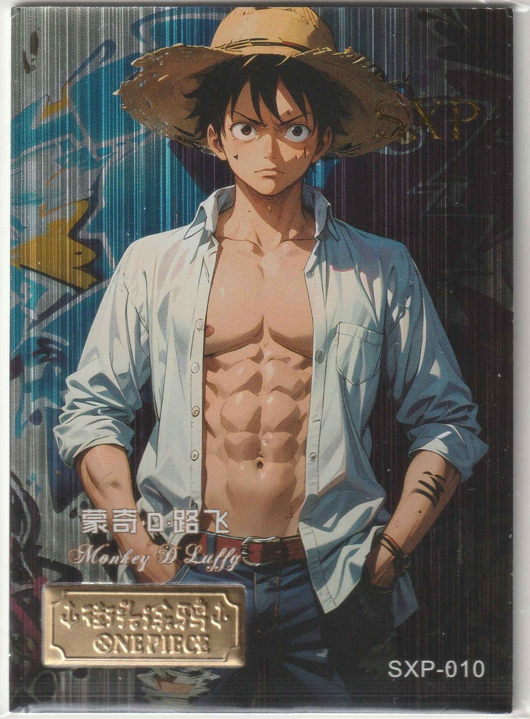 One Piece card featuring Monkey D. Luffy in modern attire with an open shirt and straw hat, against a graffiti-style background.