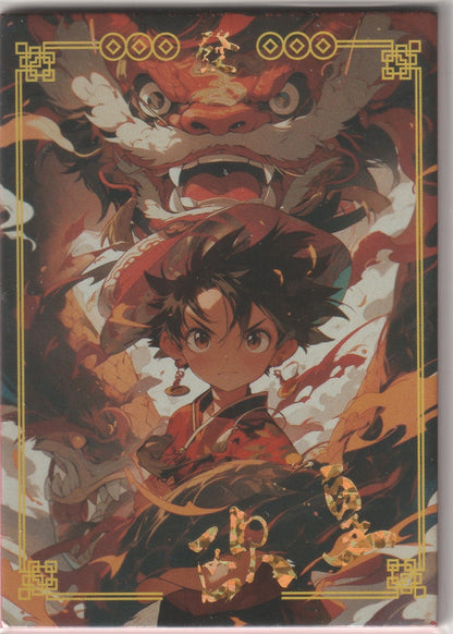 One Piece Rhapsody card featuring Monkey D. Luffy in traditional attire, with a red dragon behind him and gold foil accents.