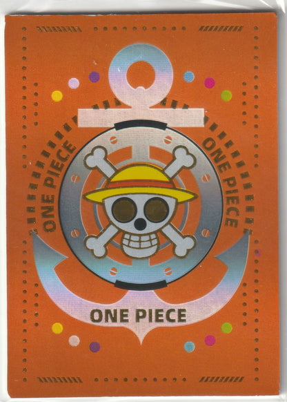 One Piece Jolly Roger with Luffy’s straw hat on an orange background with nautical motifs and anchor designs.