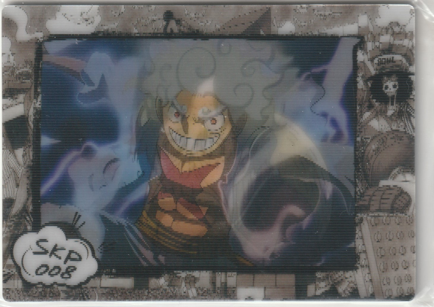 Holographic One Piece card featuring Monkey D. Luffy in Gear 5 form, with glowing white hair and a manga-themed background