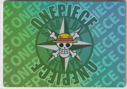 One Piece Jolly Roger with a straw hat on a green and blue gradient background featuring repeated One Piece text.