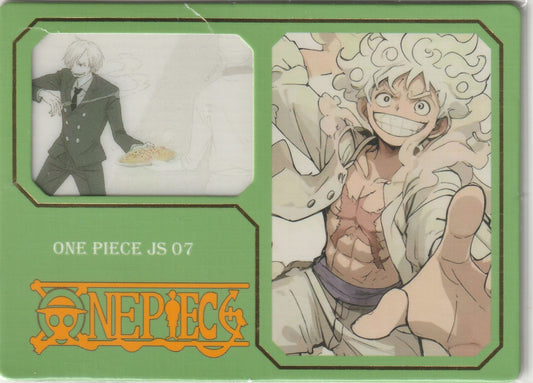 "One Piece card featuring Sanji holding a plate of food and Monkey D. Luffy in Gear 5 form, with green and gold decorative background.