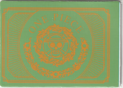 Back of One Piece card displaying gold Straw Hat Jolly Roger emblem with ornate patterns and 'ONE PIECE' text on a green background.