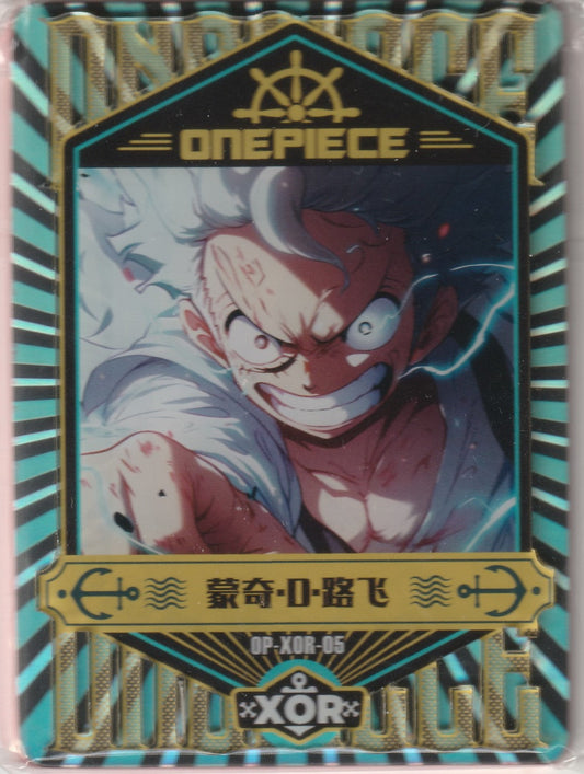 One Piece collectible card featuring Monkey D. Luffy in Gear 5 form, with lightning effects, a blue and black striped background, and gold embossed text