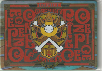 Back of One Piece card showing Thousand Sunny’s lion figurehead with crossed bones, and a red and black text background.