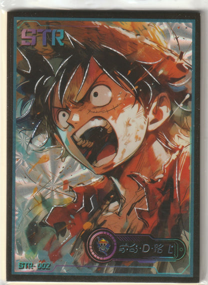 One Piece card featuring Monkey D. Luffy in a battle-worn state, with holographic chaotic background and 'STR-002' printed at the bottom.