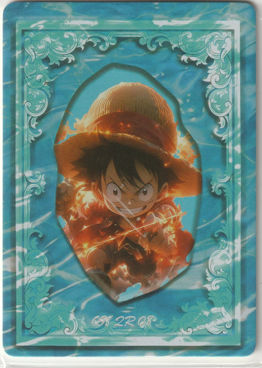 One Piece collectible card featuring Monkey D. Luffy surrounded by flames with a blue ocean-themed background and intricate border design.