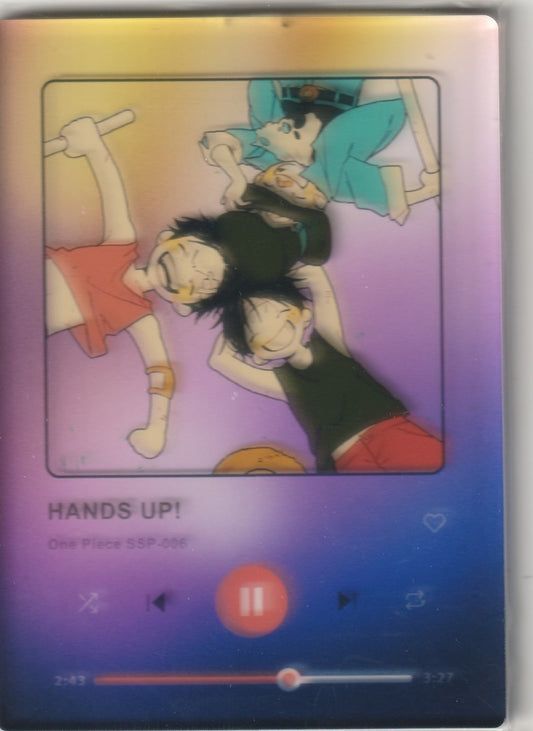 One Piece collectible card featuring Luffy, Ace, and Sabo as children in a music player design with 'HANDS UP!' and playback controls