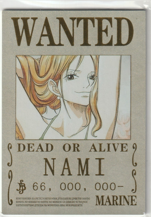 One Piece collectible wanted poster card featuring Nami with a bounty of 66,000,000 berries.