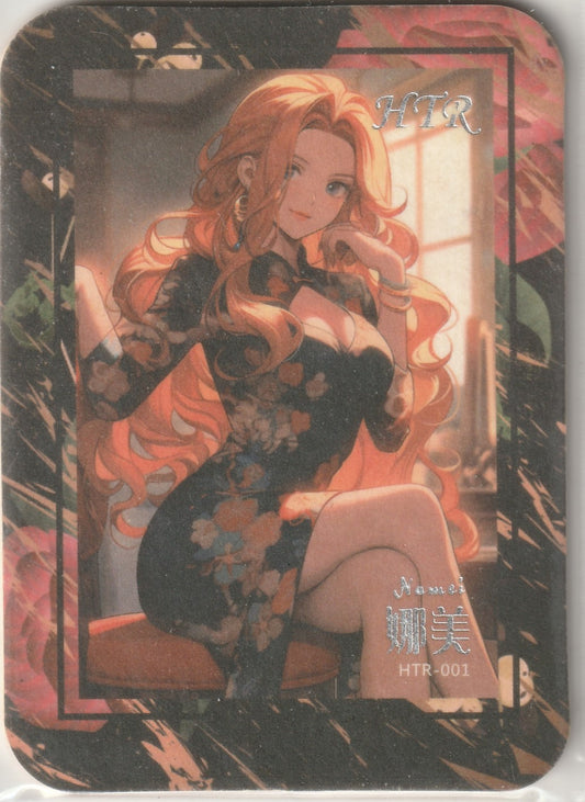 One Piece collectible card featuring Nami in a black floral dress, seated in warm lighting with an elegant pose.