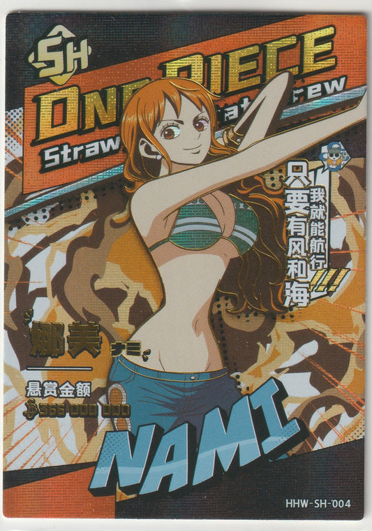 One Piece collectible card featuring Nami posing confidently in a bikini top and jeans, with bounty details and bold design elements.