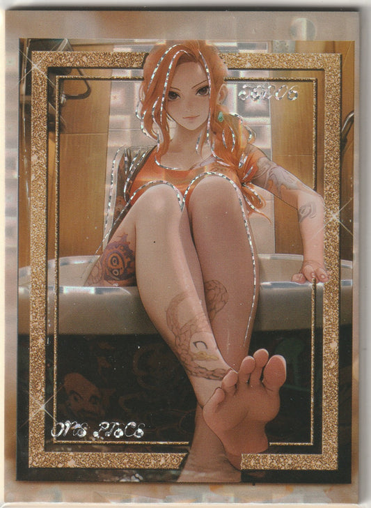 "One Piece card featuring Nami sitting in a bathtub, holographic with gold border, marked '015/066'."