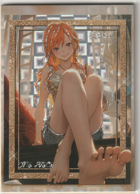 "One Piece card featuring Nami sitting on a couch in casual attire, holographic with gold border, labeled '015/066'."