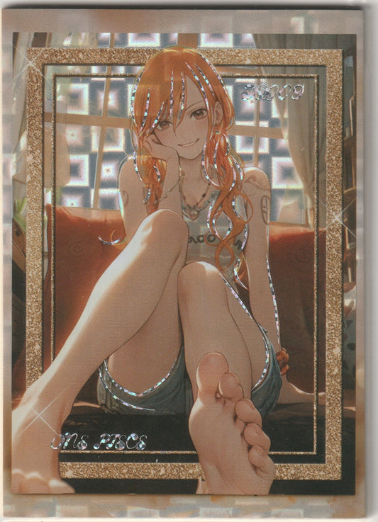 One Piece card featuring Nami sitting on a couch with a playful expression, gold holographic border, and marked '015/066'."