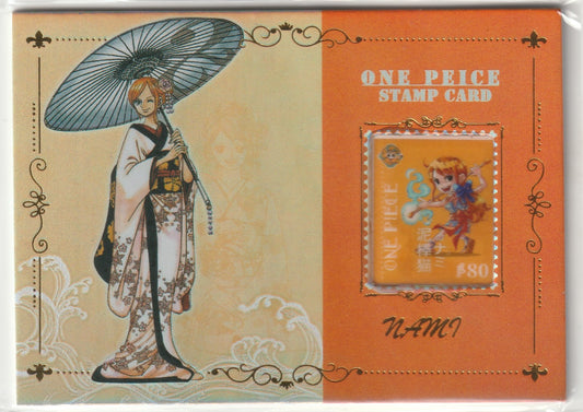 "One Piece Nami stamp card featuring Nami in a kimono holding a parasol, with a chibi Nami stamp on the right side."