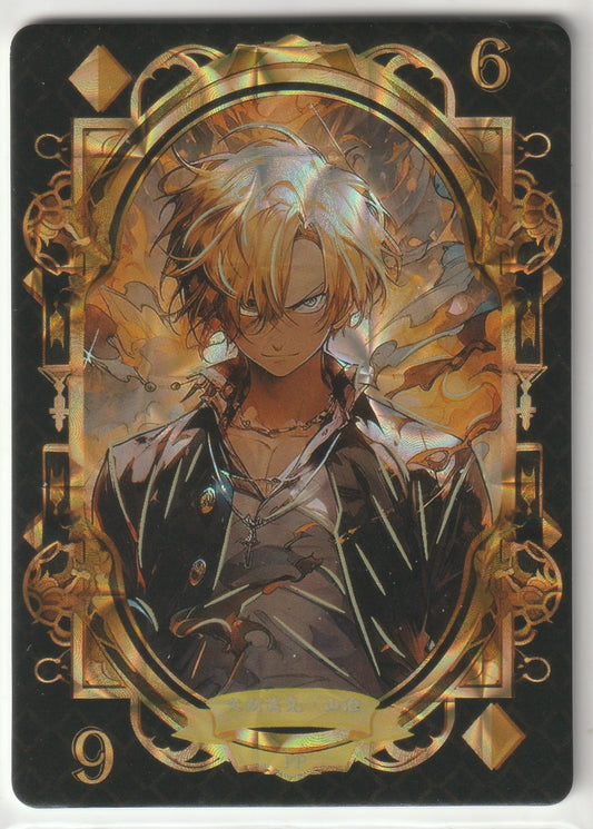 Sparkly holographic card featuring Sanji from One Piece with golden framing and fiery design elements, printed on thick stock.