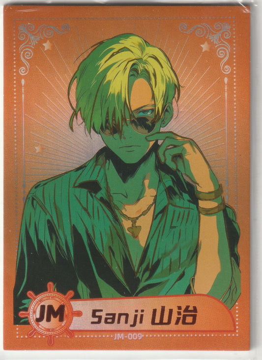 "Sanji Vinsmoke in a stylish green shirt and sunglasses with a gold necklace, featured on a sunburst-patterned orange background with JM-009 identifier."