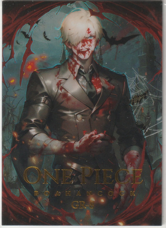 "Sanji Vinsmoke in a bloodied suit with a gothic background featuring bats, spiderwebs, and fiery accents. Gold-embossed text reads 'One Piece Boa Hancock GR-8.'"