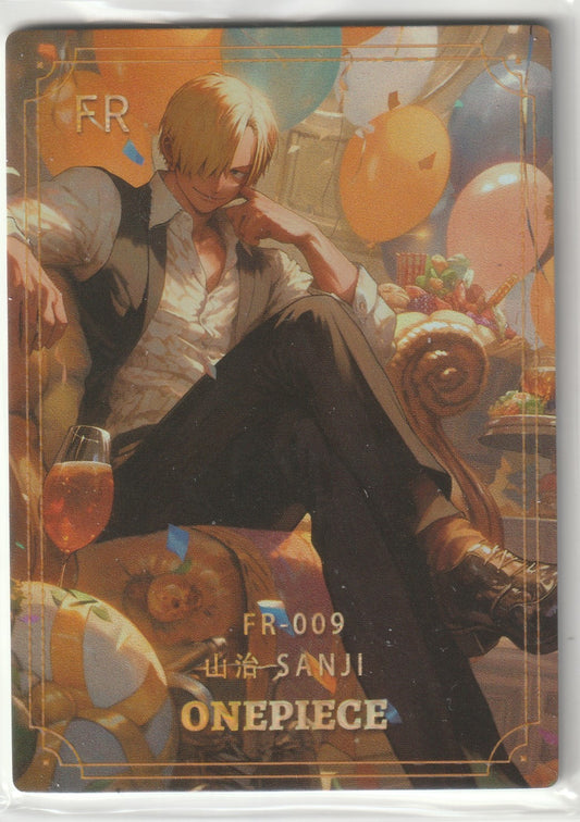 "Sanji sitting elegantly in a luxurious setting with festive decorations and food, part of the One Piece FR series."