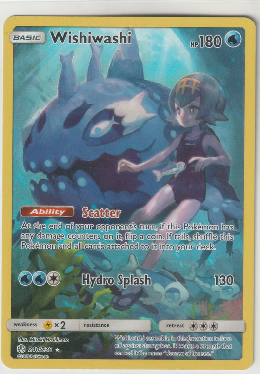 Wishiwashi Pokémon card from the Cosmic Eclipse set, featuring School Form Wishiwashi and an underwater trainer in a moonlit ocean.