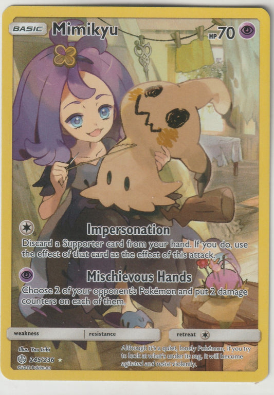 Mimikyu Cosmic Eclipse Character Rare card featuring Acerola in a detailed, atmospheric scene.