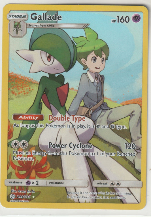 Explore the vivid image of the Gallade & Trainer card, featuring Gallade in a dynamic battle-ready pose alongside its determined trainer. The artwork's energetic backdrop and detailed design highlight the powerful bond between Pokémon and trainer—ideal for enthusiasts and collectors.