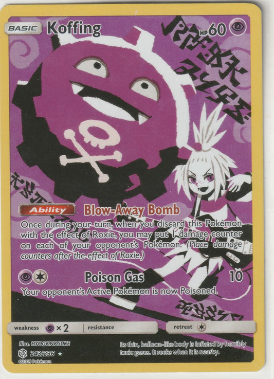 Experience the stunning full art of the 2019 Cosmic Eclipse Koffing Trainer card. The image captures a dynamic scene of Koffing and its trainer set against a cosmic, star-filled backdrop—rendered in Near-Mint condition, it's a visual gem for Pokémon collectors and enthusiasts