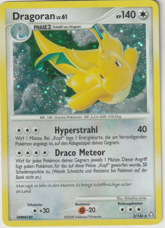 Discover the vintage allure of the 2008 German Legends Awaken Holo Dragonite (Dragoran) card. The image captures Dragonite’s majestic form and radiant holographic finish, highlighting its timeless appeal for Pokémon collectors.