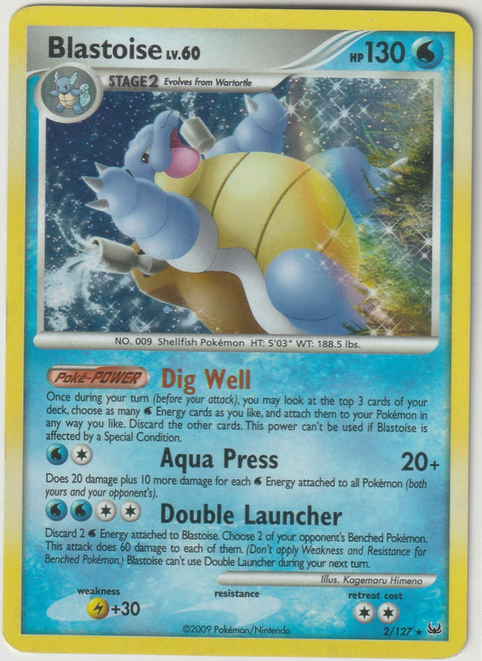 Discover the captivating image of the 2009 Pokémon Platinum Holo Rare Blastoise LV-60 Vintage card. Featuring iconic water-type artwork and a dazzling holographic finish, this card is a visual masterpiece perfect for nostalgic collectors and Pokémon enthusiasts.
