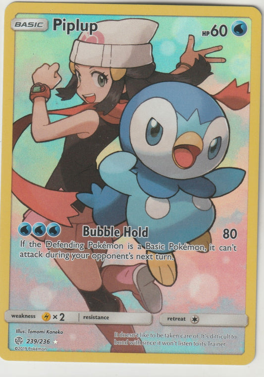An enchanting Piplup Pokémon card from the 2019 Pokémon TCG set, featuring vibrant artwork by Tomomi Kaneko. The card showcases Piplup alongside a trainer, highlighting its signature move 'Bubble Hold' and captivating collectors with its pristine condition