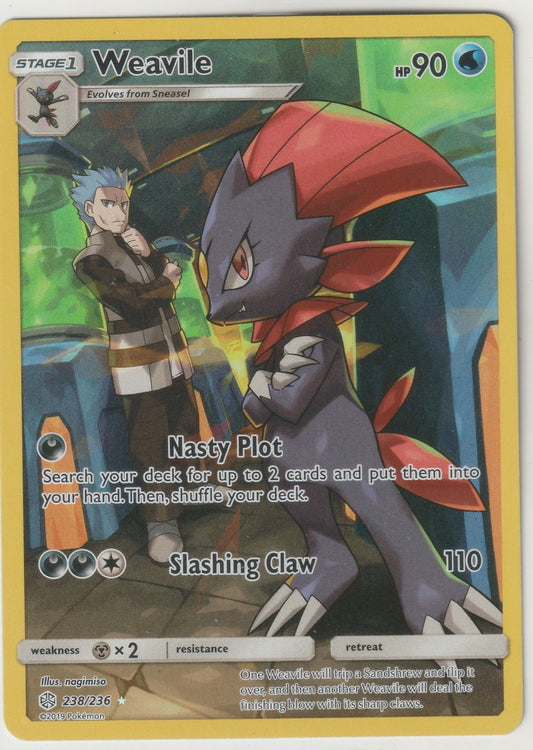 A dynamic Weavile Pokémon card featuring stunning artwork by nagimiso, highlighting its strategic move 'Nasty Plot' and powerful 'Slashing Claw' attack. A collector's gem in pristine condition.