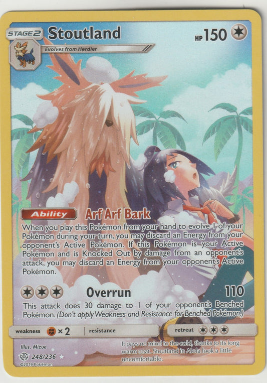 A stunning Stoutland Pokémon card with vibrant tropical artwork by Mizue, showcasing the Arf Arf Bark ability and Overrun attack. Perfect for players and collectors.