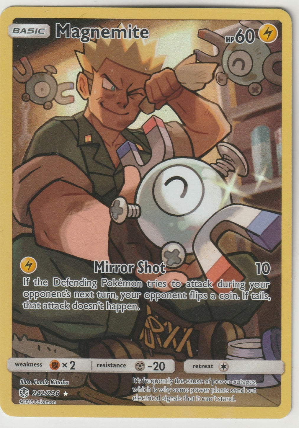 A dynamic Magnemite Pokémon card depicting the Electric-type Pokémon in an industrial setting with vivid details. The artwork features a floating Magnemite and a figure holding another Magnemite, highlighting its electric energy and mechanical charm