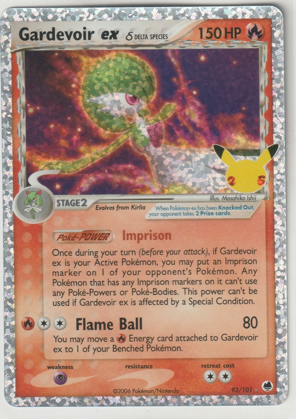 A vibrant Holo Pokémon TCG Gardevoir ex card (No. 93/101) from the Delta Species set, reprinted in Celebrations, featuring "Imprison" Poké-Power and "Flame Ball" attack.