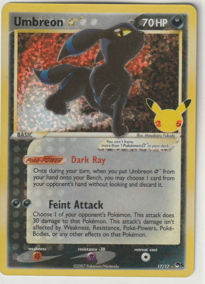 A vibrant Gold Star Holo Pokémon TCG Umbreon card (No. 17/17) from Celebrations, featuring "Dark Ray" Poké-Power and "Feint Attack."