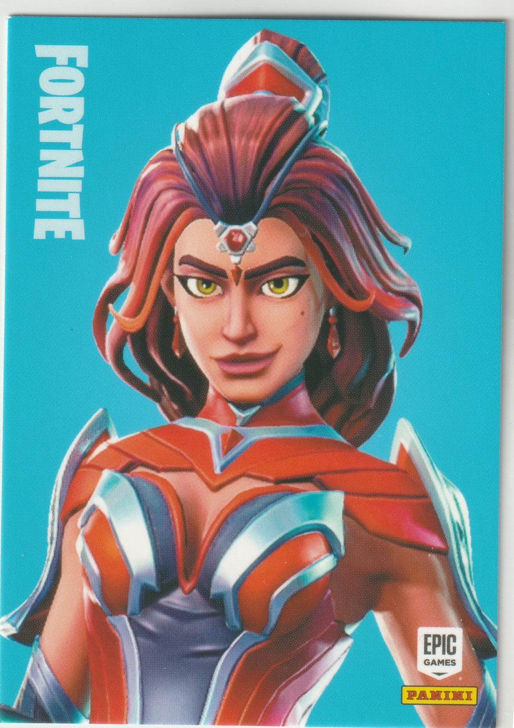 Exclusive Fortnite trading card featuring the legendary Valor outfit (#295). Showcasing the bold and heroic design of this iconic character with a vibrant red, white, and blue suit and a glowing gem on the headpiece. Official Epic Games x Panini collectible from the 2019 Series 1 .
