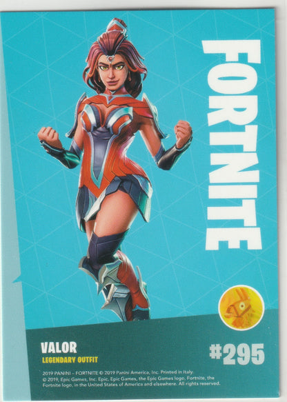 "Own the Fortnite #295 Valor Legendary Outfit trading card. Officially licensed by Epic Games and produced by Panini . Part of the 2019 Series 1 collection, perfect for collectors and fans of Fortnite 's unique character designs."

