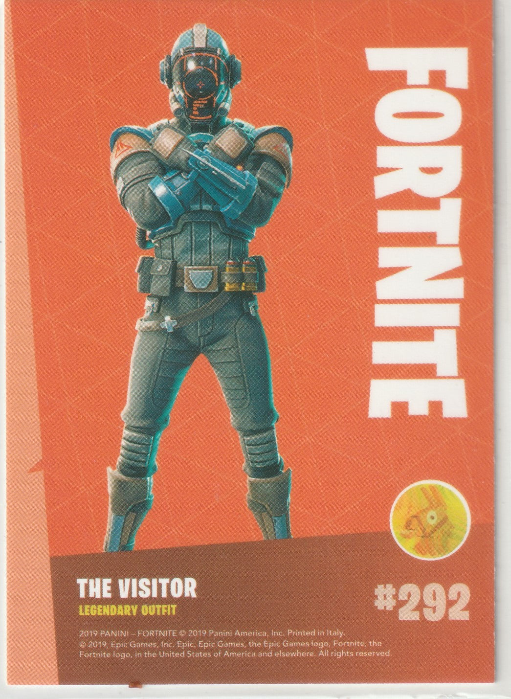 "Exclusive Fortnite trading card featuring the legendary The Visitor outfit (#292). Showcasing the futuristic and space-themed design of this iconic character with a sleek, blue suit and glowing orange accents. Official Epic Games x Panini foil collectible from the 2019 Series 1 ."

