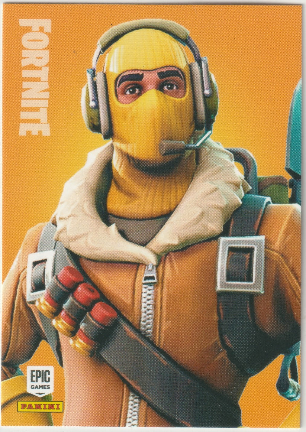 "Exclusive Fortnite trading card featuring the legendary Raptor outfit (#282). Showcasing the rugged and pilot-inspired design of this iconic character with a yellow balaclava and bold orange accents. Official Epic Games x Panini collectible from the 2019 Series 1 ."