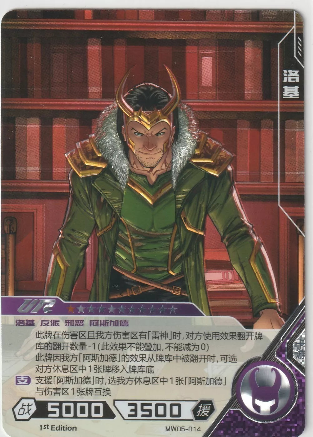 Marvel Kayou Wave 2 Loki Ultra Rare card front, featuring Loki in his Asgardian attire against a library background with a foil finish.