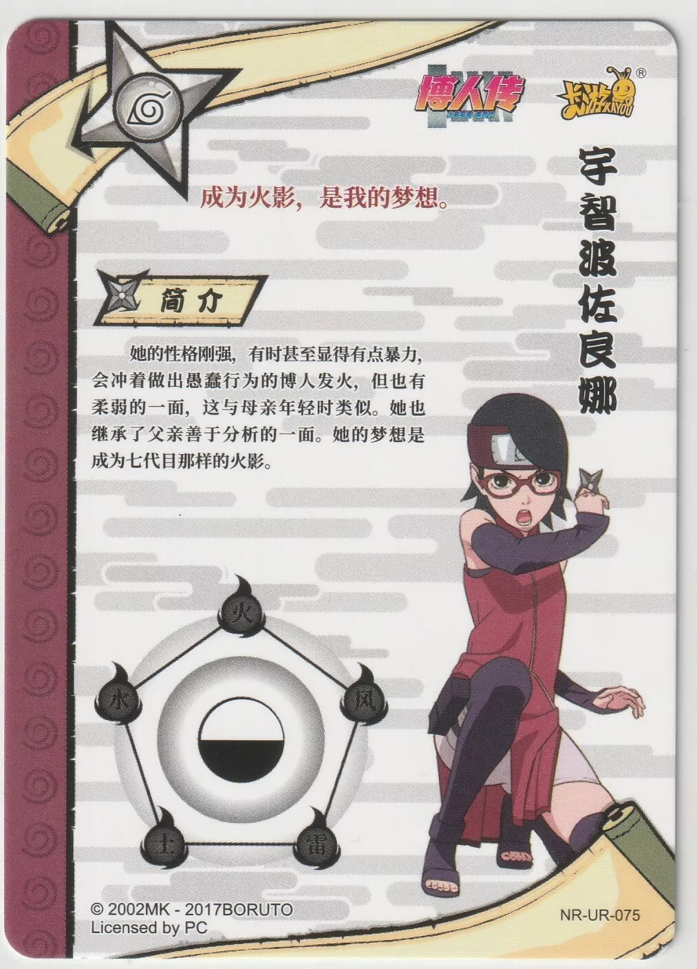 Back view of Naruto Kayou Tier 2 Wave 4 Ultra Rare UR075 Sarada Uchiha card, showcasing Sarada with ninja gear and character details in near-mint condition.