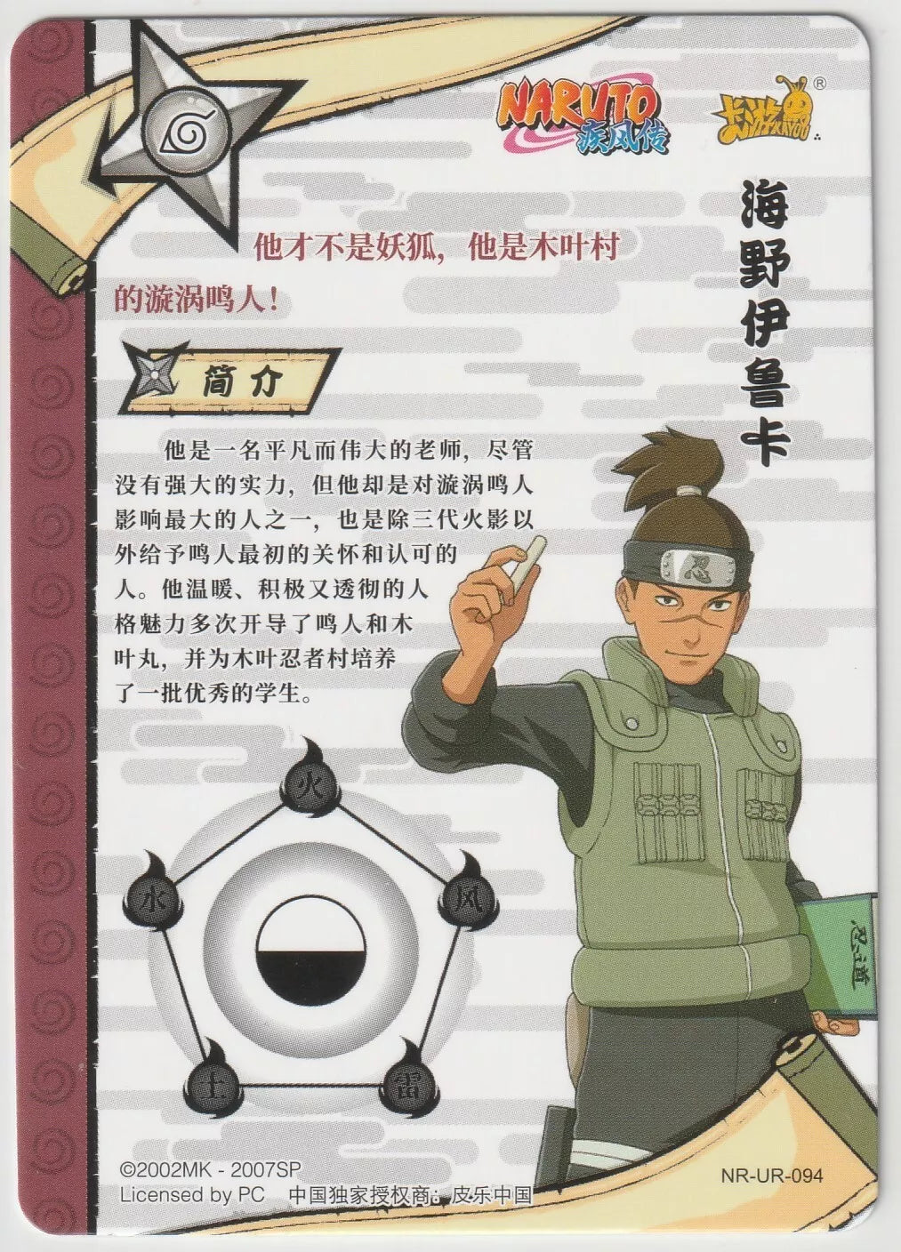 The back of the card features Iruka's profile with details of his character, with a diagram of chakra types and an explanation of his abilities.