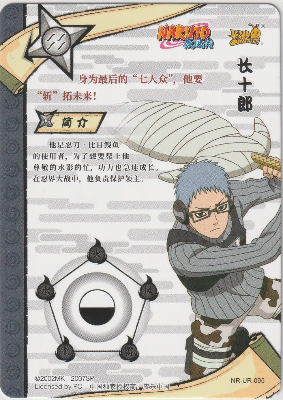 Naruto Kayou Tier 2 Wave 5 Ultra Rare NR-UR-095 Chojuro Shippuden back side featuring Chojuro's stats and profile details.