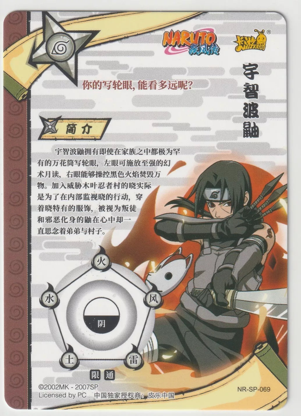 Itachi Uchiha in a battle stance, with intricate background details and foil highlights.