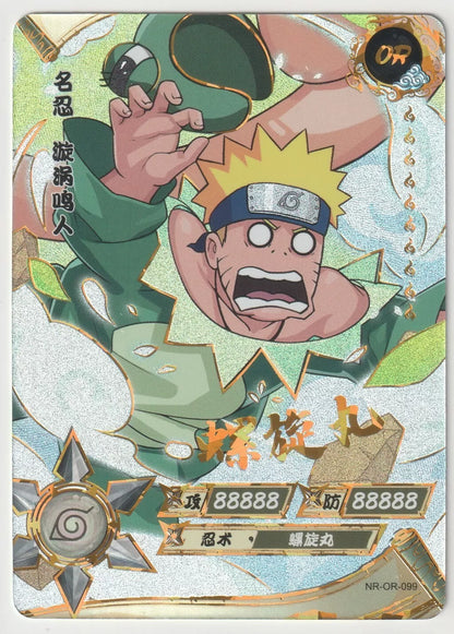 Naruto Uzumaki executing Rasengan with swirling energy, displayed on a dynamic foil card.