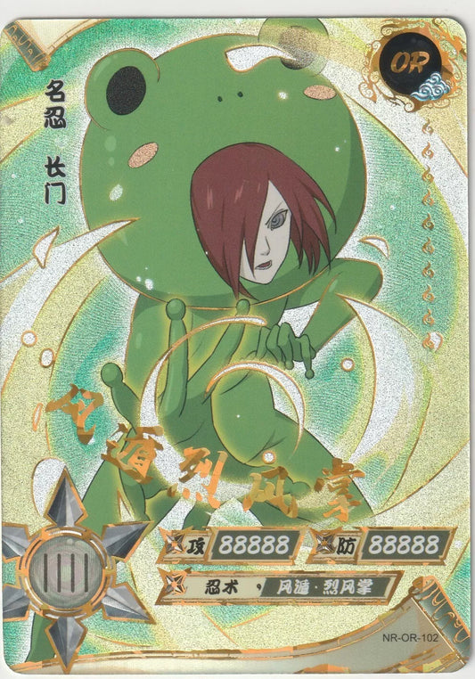 "Front image of Naruto Kayou OR-102 Nagato Shippuden card in a vibrant green frog costume, displaying high-quality holographic art."