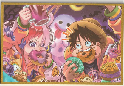 One Piece Anime A4 Wooden Card - Uta and Monkey D Luffy Stuffing their Faces!