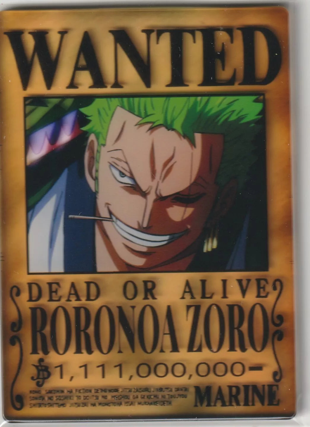 One Piece Anime Acrylic Translucent Thick Card Wanted Poster Roronoa Zoro